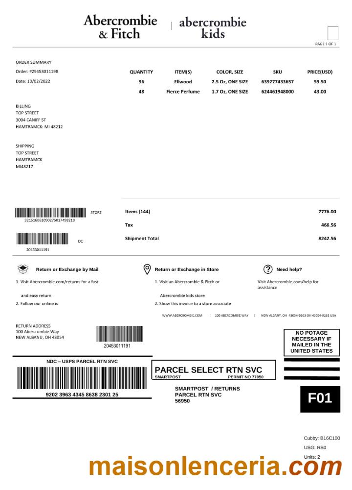 Szablon faktury USA Abercrombie & Fitch w formacie Word i PDF, w pełni edytowalny
